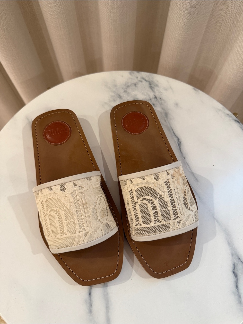 Chloe Cream Lace Slide Sandals with Tan Footbed